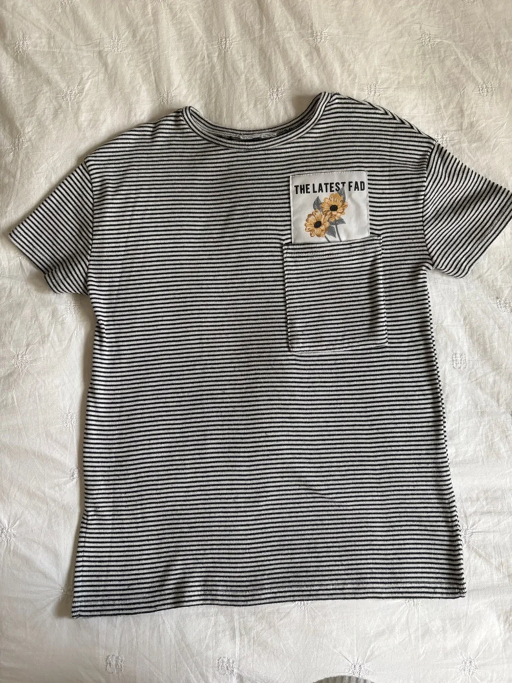 Zara Black & White Striped Pocket Tee with Yellow Floral Patch - Picture 3 of 4